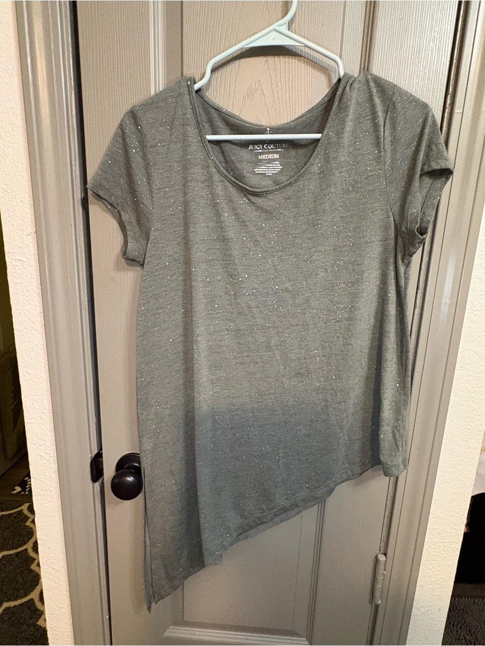 Juicy Couture Olive Green Short Sleeve Asymmetric Tee with Metallic Speckle